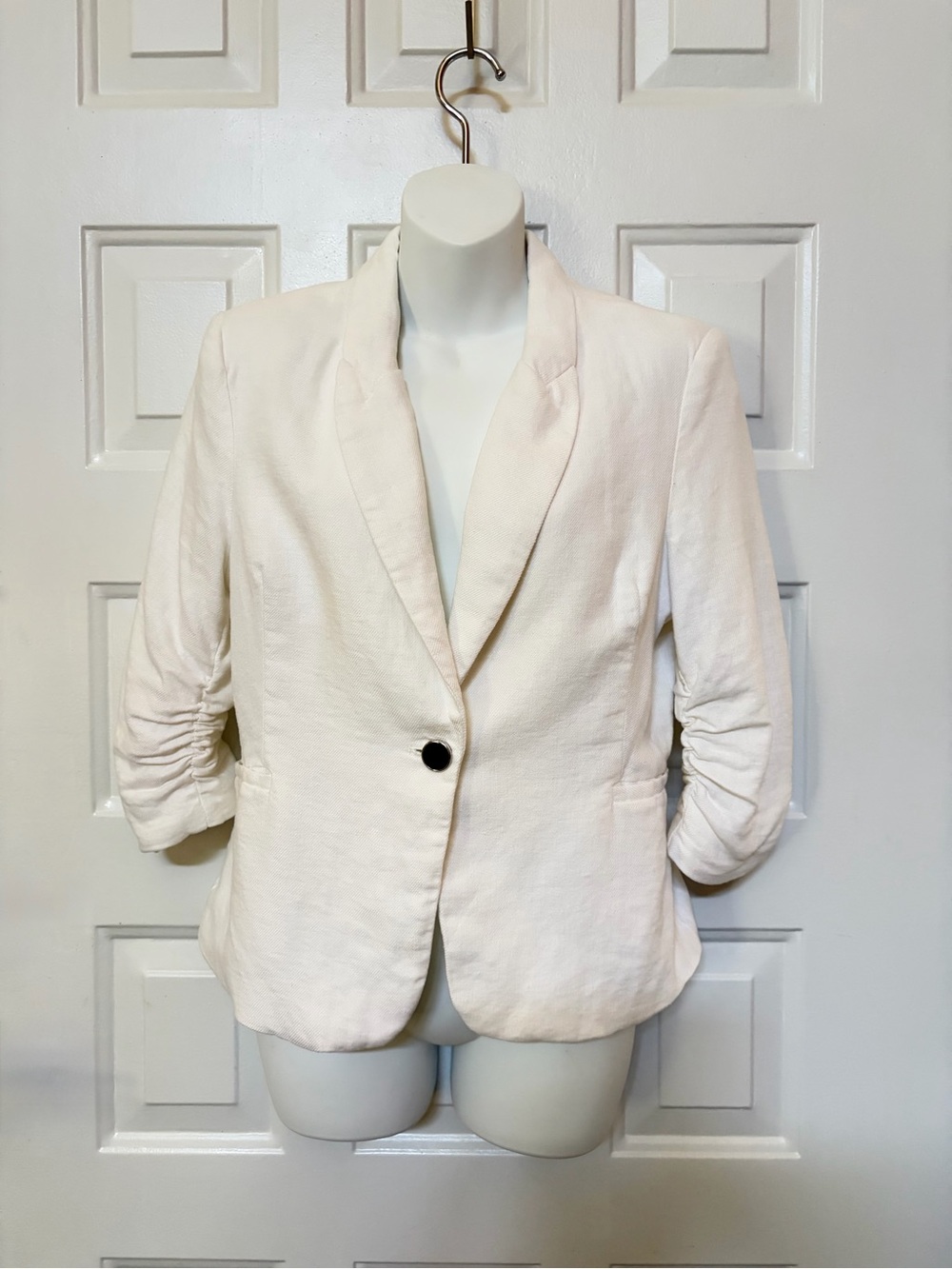 Jules and Leopold Linen Jacket L White Ruched Sleeve Short Blazer Linen Blend
